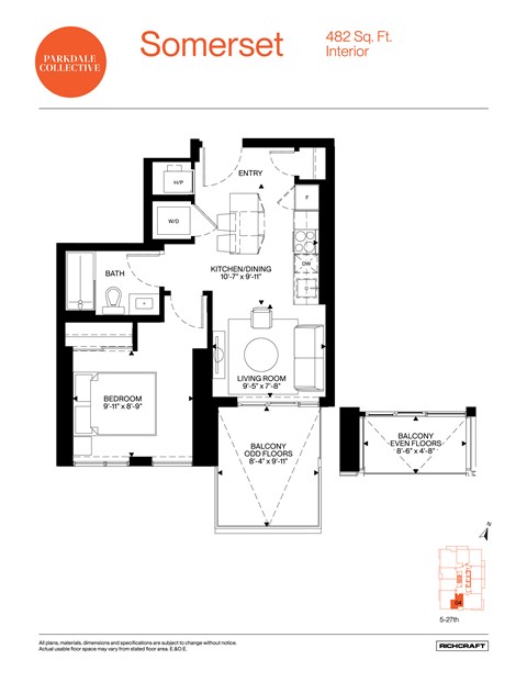 Floor plan for 1 bed, 1 bath, 482 sqft